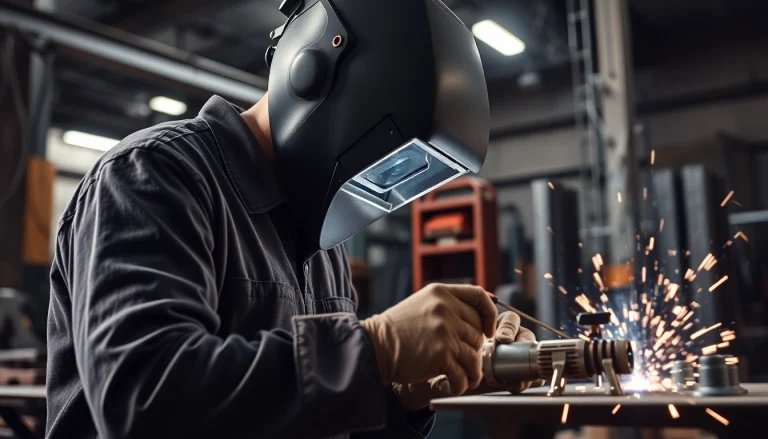 Welder performing structural steel welding with precision in an industrial environment.