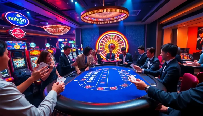 Nohu90 casino players enjoying a thrilling blackjack game at a luxurious table, surrounded by vibrant slot machines.