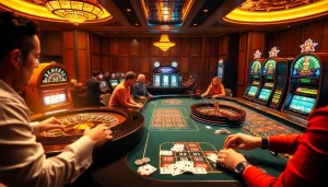 KJC enhances casino excitement with a vibrant gaming table scene filled with engaged players.