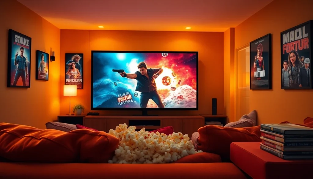 Experience the ultimate movie night with filmes online gratis, featuring a cozy home theater setup.