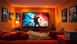 Experience the ultimate movie night with filmes online gratis, featuring a cozy home theater setup.