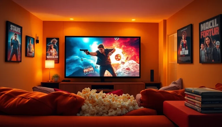 Experience the ultimate movie night with filmes online gratis, featuring a cozy home theater setup.