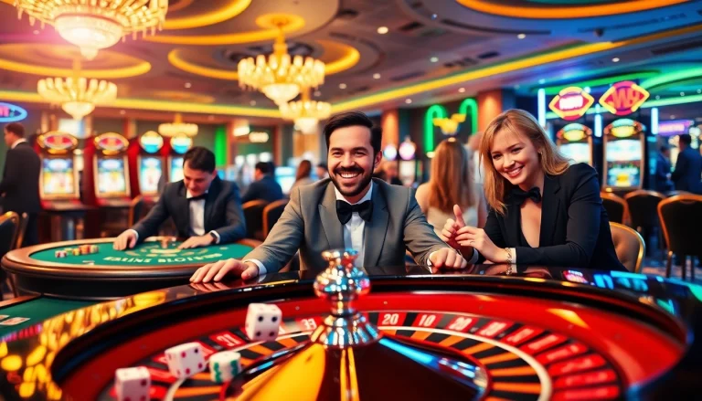 Engage in thrilling 888b online gameplay at a luxurious casino featuring poker tables and vibrant slot machines.