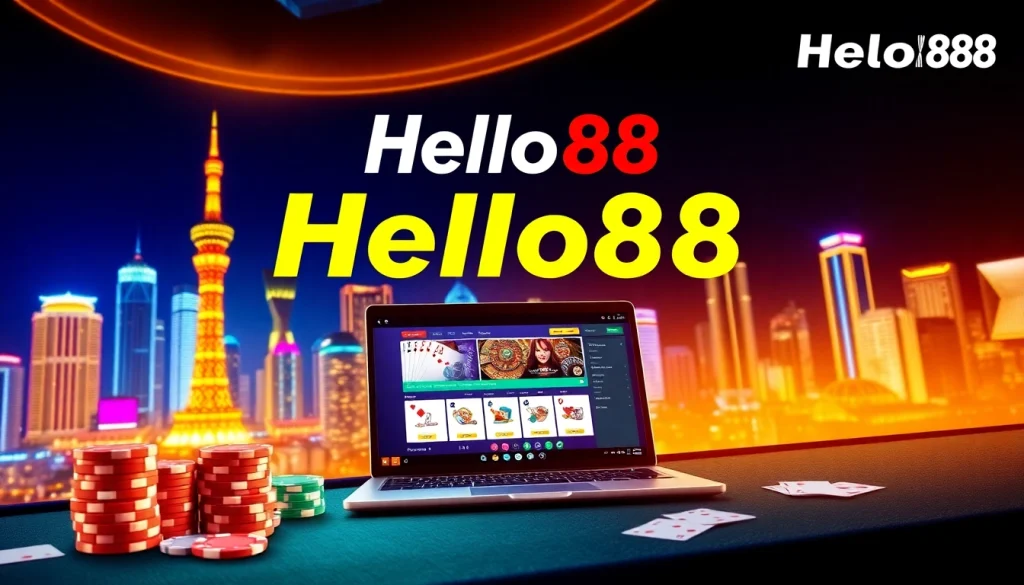 Hello88's vibrant promotional poster showcasing an exciting online betting experience with a lively casino atmosphere.