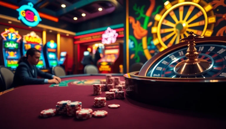 Engaging scene of GG88 casino with poker table action, vibrant slot machines, and roulette excitement.