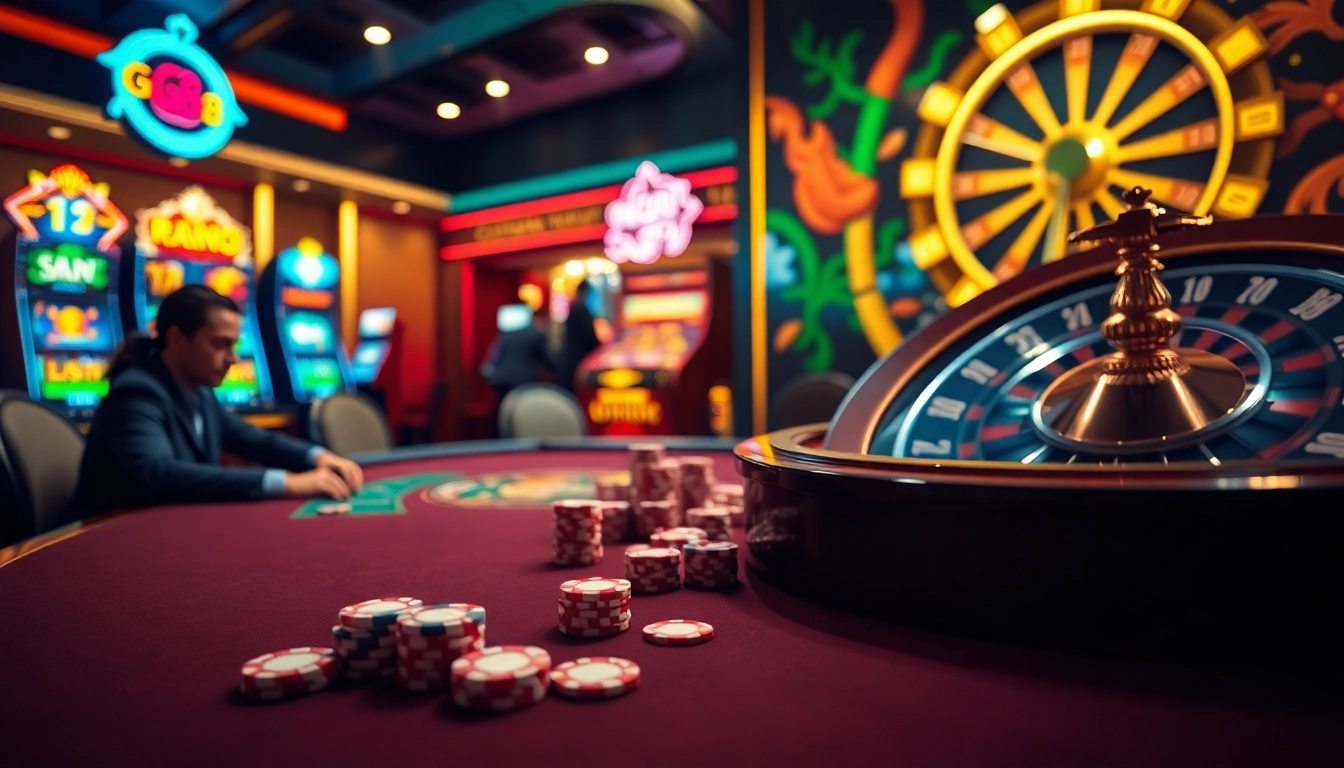 Engaging scene of GG88 casino with poker table action, vibrant slot machines, and roulette excitement.