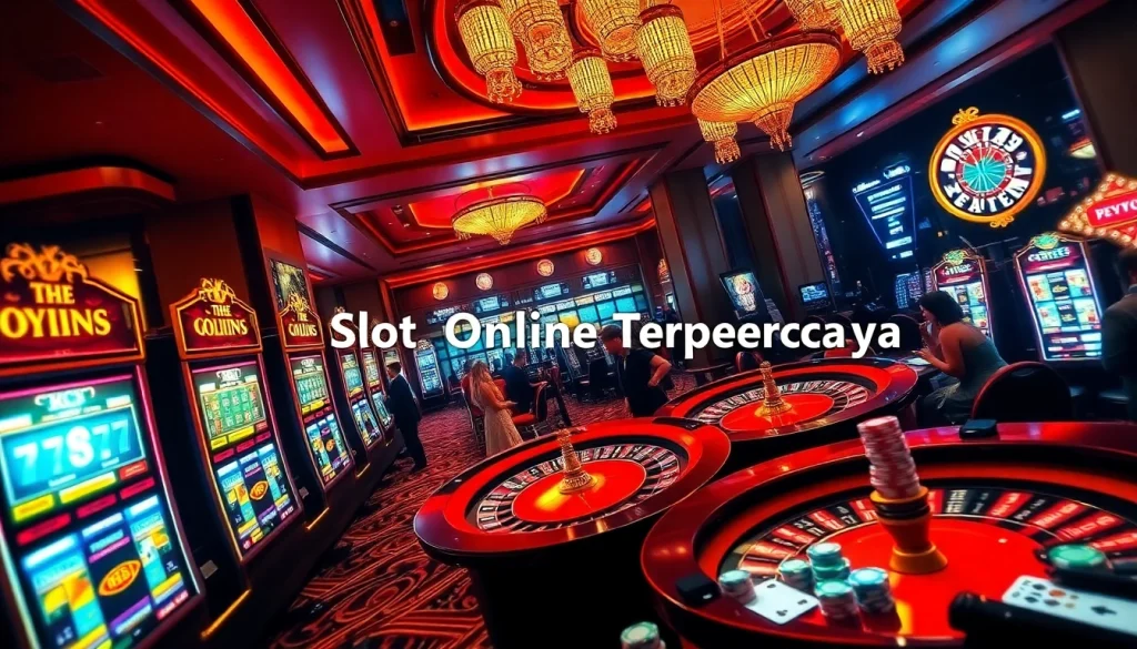 Experience thrilling moments with Slot Online Terpercaya at an upscale casino, featuring vibrant slot machines and poker tables.