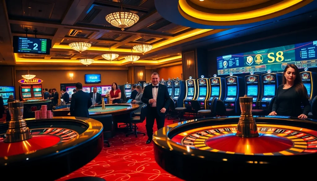 Exciting casino scene featuring S8 betting action with roulette, poker chips, and slot machines.