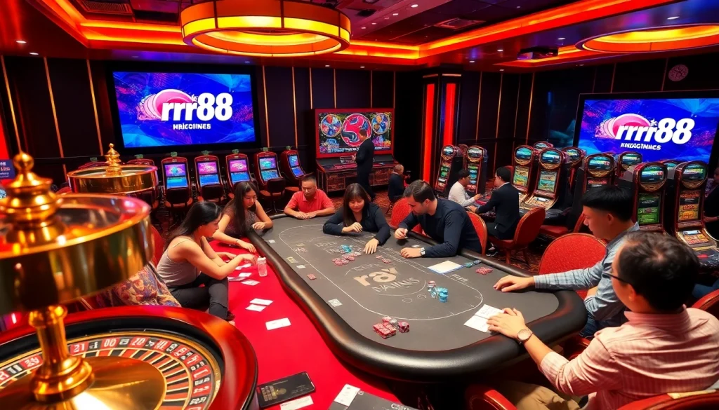 Engage with excitement at nhà cái rr88's luxurious casino table with players immersed in the game.