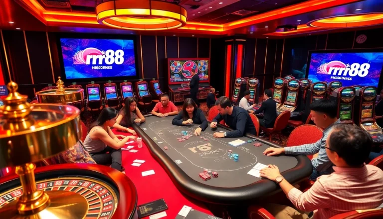 Engage with excitement at nhà cái rr88's luxurious casino table with players immersed in the game.