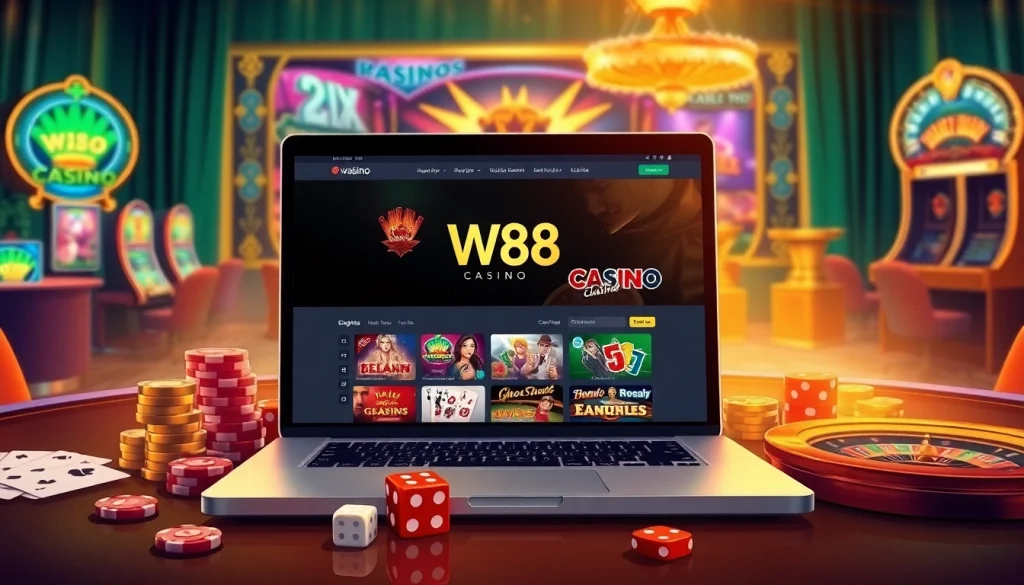 Giao diện casino trực tuyến W88 đầy hứng khởi, nổi bật với bàn chơi, chip poker và xúc xắc.