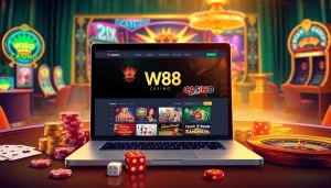 Giao diện casino trực tuyến W88 đầy hứng khởi, nổi bật với bàn chơi, chip poker và xúc xắc.