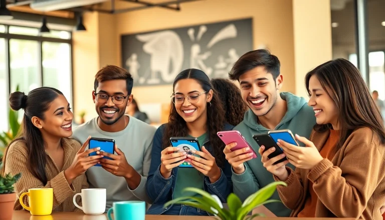 电报下载 on mobile devices in a lively coffee shop setting, showcasing young adults engaged in enthusiastic online communication.