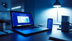 HelloWorld下载 interface on a sleek laptop in a modern workspace, showcasing innovative translation features.