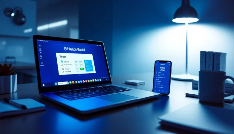 HelloWorld下载 interface on a sleek laptop in a modern workspace, showcasing innovative translation features.