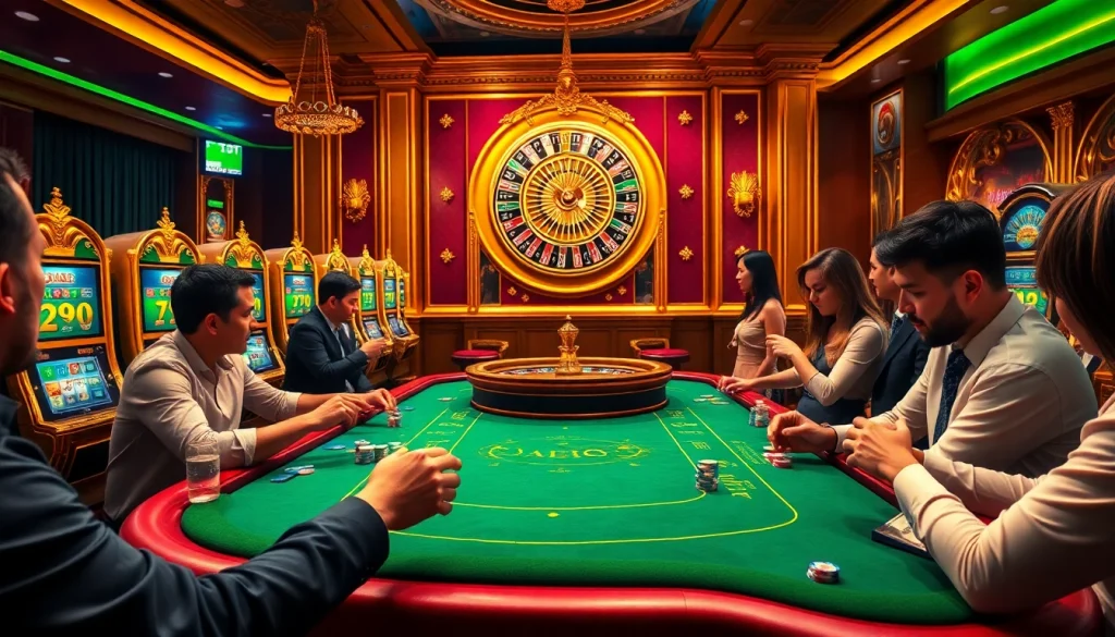 Players enjoying the thrills of toto slot at an elegant casino table with vibrant lighting.