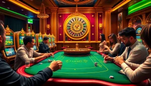 Players enjoying the thrills of toto slot at an elegant casino table with vibrant lighting.
