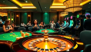 Players experiencing the excitement of casino games at GG88, highlighting poker tables and slot machines.