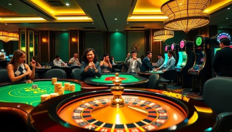 Players experiencing the excitement of casino games at GG88, highlighting poker tables and slot machines.