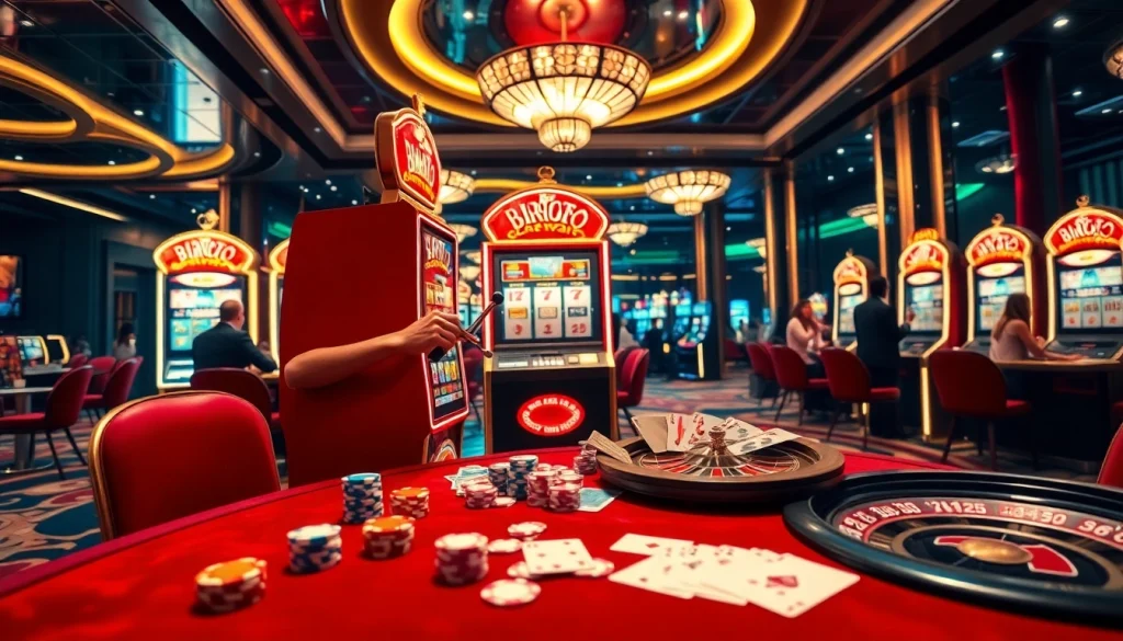 Player enjoying Birutoto slot machine surrounded by casino ambiance with poker chips and excitement.