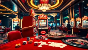 Player enjoying Birutoto slot machine surrounded by casino ambiance with poker chips and excitement.