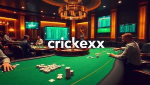 Crickex casino scene with vibrant tables, poker chips, and cricket betting odds on screens.