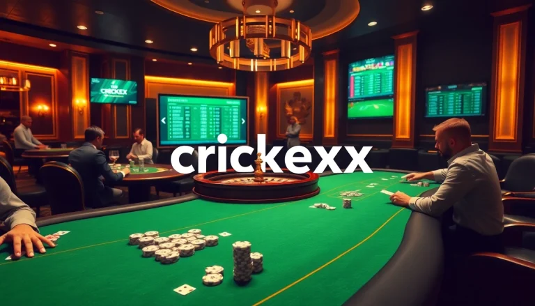 Crickex casino scene with vibrant tables, poker chips, and cricket betting odds on screens.