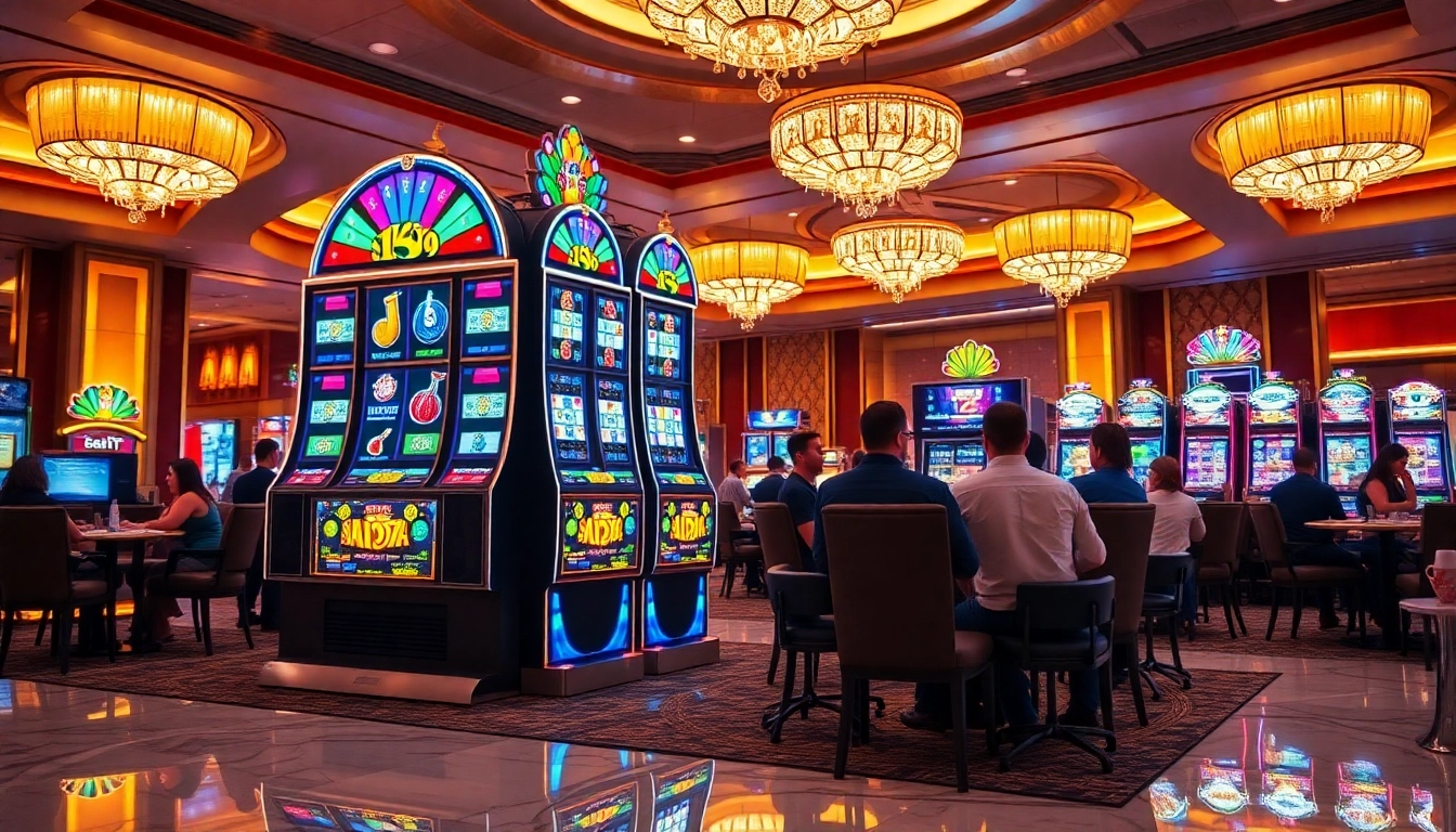 Engaging scene of players enjoying slot bet 100 action at a vibrant casino machine.