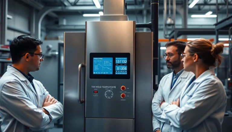 Mould Temperature Controller displayed in a modern manufacturing facility with engineers monitoring settings.