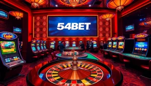 Experience the thrill of 54BET in a luxurious casino setting with roulette, slots, and poker.