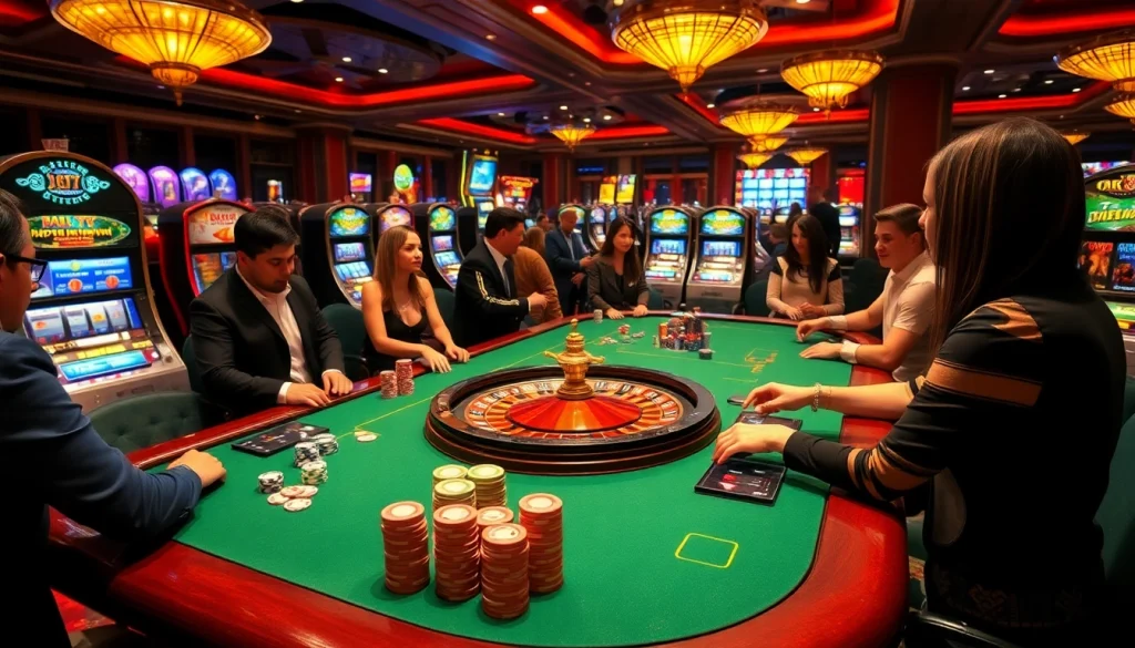 Players engaging in high-stakes gambling at OK365 casino table with vibrant slot machines in the background.
