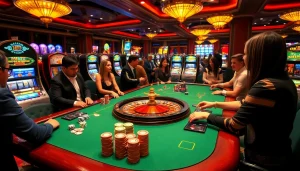 Players engaging in high-stakes gambling at OK365 casino table with vibrant slot machines in the background.