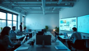 Professional workspace of a công ty thiết kế website, showcasing collaboration in web development and design.