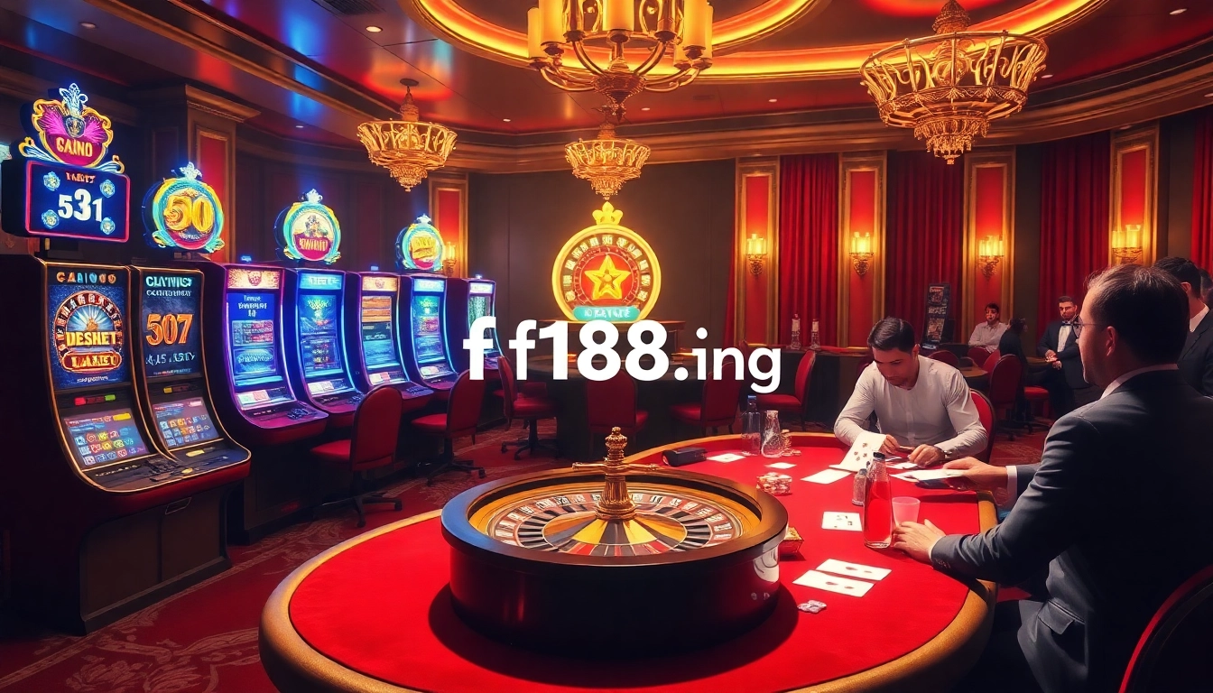 Excited gamblers enjoying a vibrant casino atmosphere at https://f168.ing/ with slot machines and poker tables.
