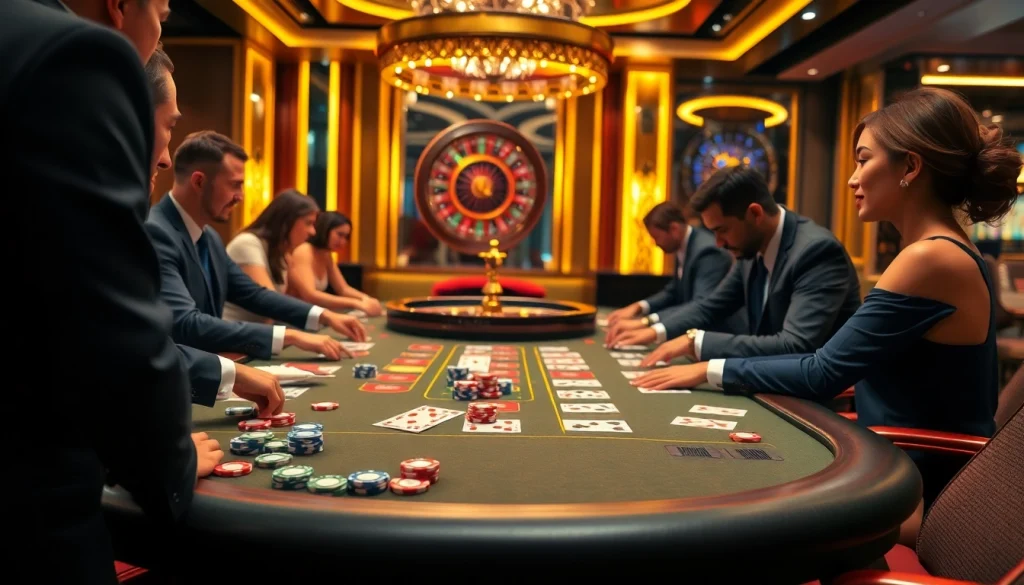 Experience thrilling gambling at the Go8 casino table with vibrant chips and engaged players.