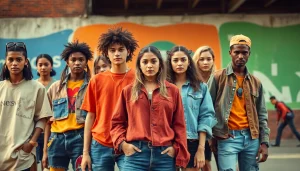 Diverse models showcasing unique styles from an independent clothing brand against an urban backdrop.