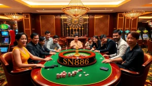 Players enjoying an exciting game at the SN888 casino table with vibrant chips and a roulette wheel.