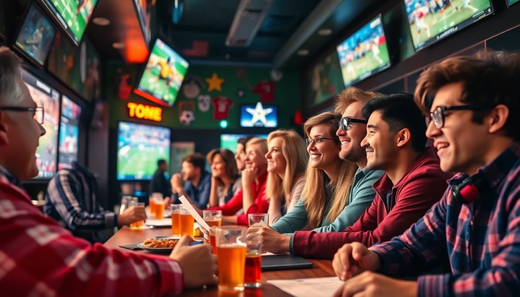 Engaged individuals enjoying sports betting California atmosphere with interactive screens and lively decor.