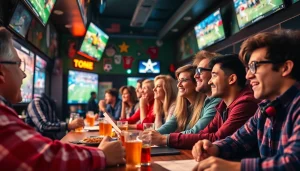 Engaged individuals enjoying sports betting California atmosphere with interactive screens and lively decor.
