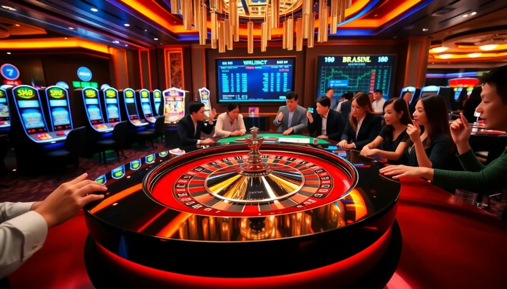 Engaged players betting at a luxurious RR 88 roulette table amidst vibrant casino elements.