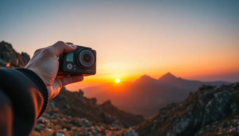 Adventurer capturing a sunset with an action camera on a mountain hike.