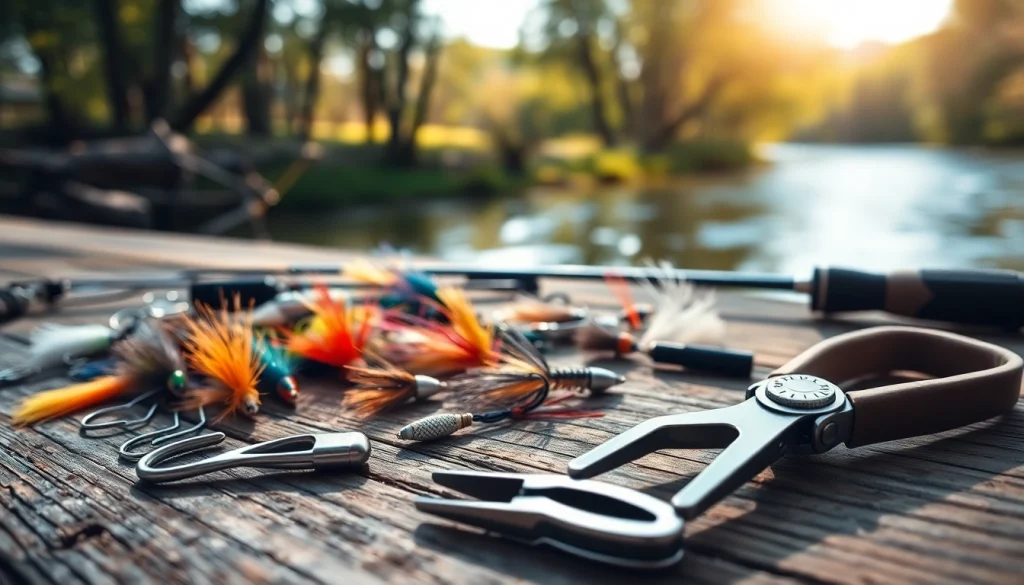 Fly fishing accessories display showcasing essential tools and lures on a rustic wooden table.