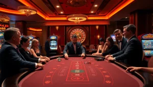Experience a luxurious Baccarat game at XX88, where players engage with vibrant poker chips and slot machines.