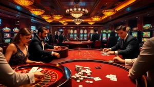 Khela88 players enjoying a thrilling casino night with vibrant gaming tables and slot machines.