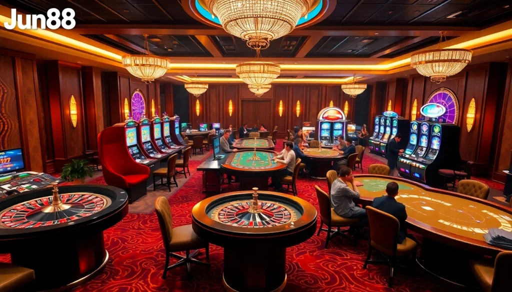 Players enjoying a thrilling game at Jun88 online casino with vibrant slot machines and roulette wheels.