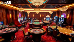 Players enjoying a thrilling game at Jun88 online casino with vibrant slot machines and roulette wheels.