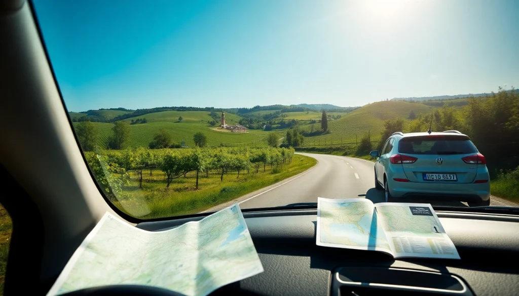 Rent a car Moldova scene featuring a modern vehicle by scenic vineyards and hills.