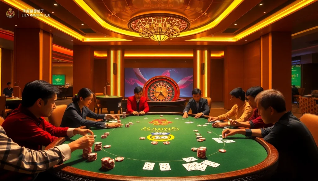 Engaging poker game at Liên Minh KJC, showcasing vibrant chips and elegant cards.