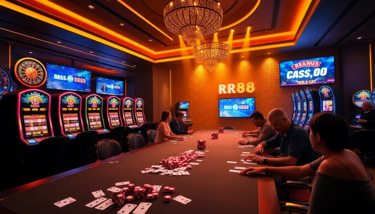 Experience gaming thrills with RR88 at a vibrant casino scene showcasing table games and slots.