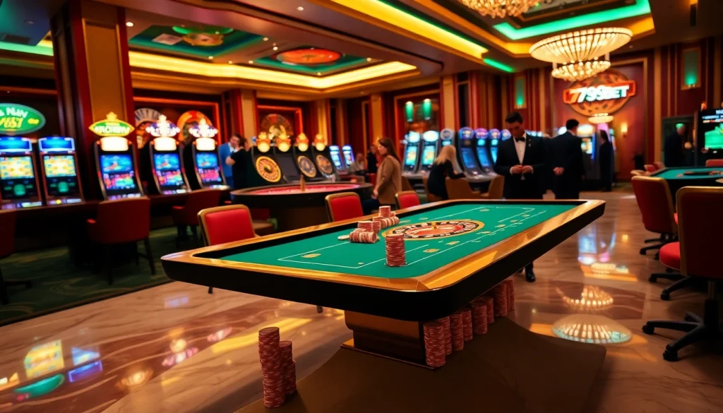 Exciting casino atmosphere featuring players enjoying 789BET poker and roulette games.